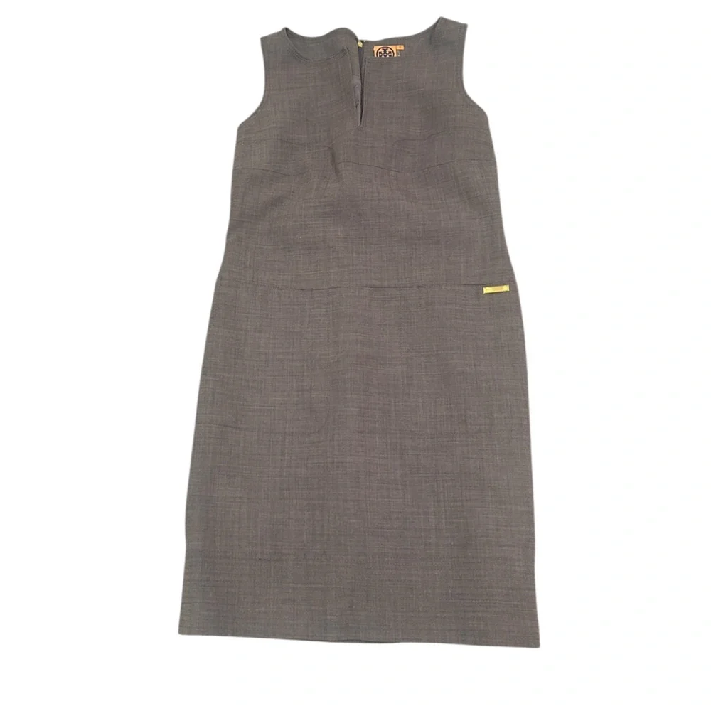 Tory Burch ola taupe Sleeveless shift Midi Dress wool blend gold logo accent 10